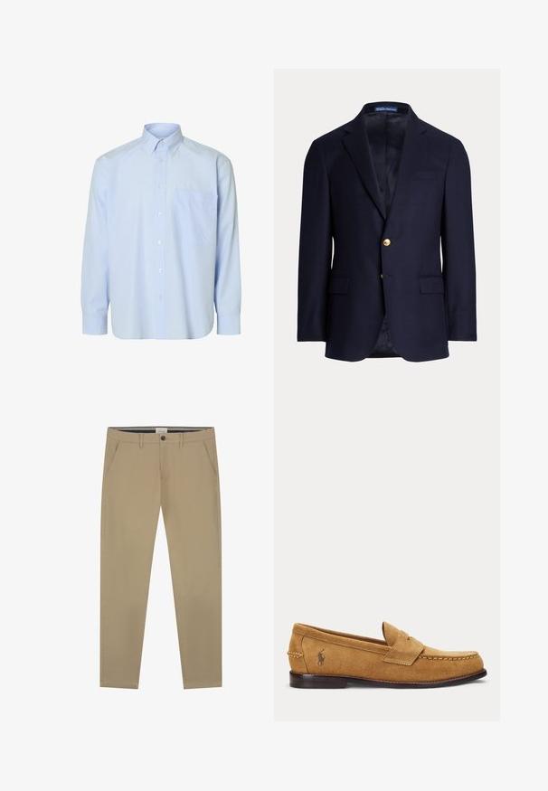 Marineblå herreblazer med to guldknapper, notch revers, lommer med klapper og brystlomme med åbning, foret indvendig, Polo Ralph Lauren mærke inde i kraven.; Lyseblå langærmet skjorte med knapper og hvide lodrette striber, en enkelt brystlomme og en klassisk krave. Glat stoftekstur.; Beige chinos lavet af glat bomuld, med lige ben-design, en enkelt knaplukning og to sidelommer. Subtile syninger.; Lysebrun ruskind loafer med syede detaljer og lille broderet hestelogo på siden, med lav træhæl og slip-on design.
