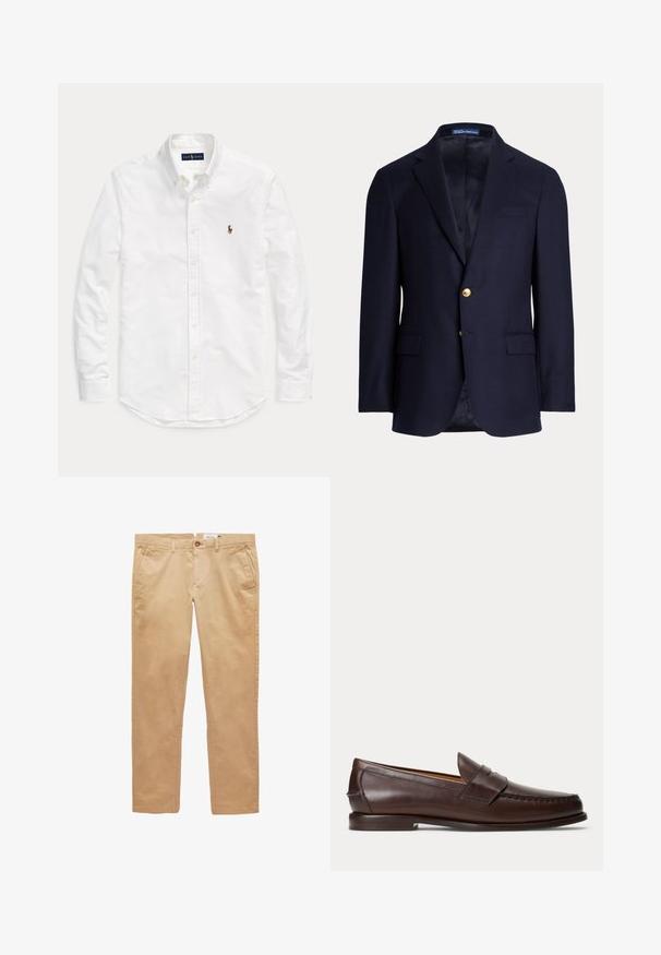 Marineblauwe herensblazer met twee gouden knopen, ingezette revers, klepzakken en een borstbieszak, gevoerde binnenkant, Polo Ralph Lauren label binnenin de kraag.; Witte blouse met lange mouwen, knopen en kraag, met klein geborduurd logo op de linkerborst, plat gelegd op een effen achtergrond.; Beige rechte katoenen broek met ceintuurlussen, voorzakken en een knoopsluiting.; Donkerbruine leren penny loafer met stikseldetails en lage gestapelde hak, van opzij gezien op een effen achtergrond.