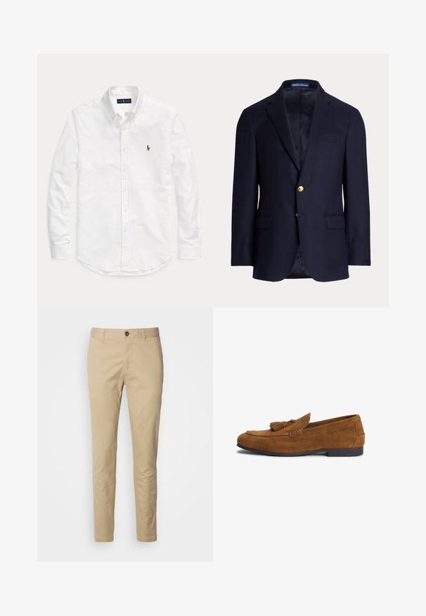 Tumesinine meeste bleiser kahe kuldse nupuga, sälgkraega, klapitaskute ja rinnanööpidega, voodriga, Polo Ralph Laureni silt krae sees.; Valge pika varrukaga nööpidega särk, kraega ja vasakul rinnal väikese tikitud logoga, laotatud tasaselt üheltaustal.; Beez värvi chinos-paided, nuppude sulgemisega, kitsas lõige ja sile puuvillane kangas. Omab tikandi detaile ja standardset viie-tasku disaini.; Pruun meeste seemisnahast loafer lipsukestega ja madala musta tallaga, külgedel brändi nimega reljeef.