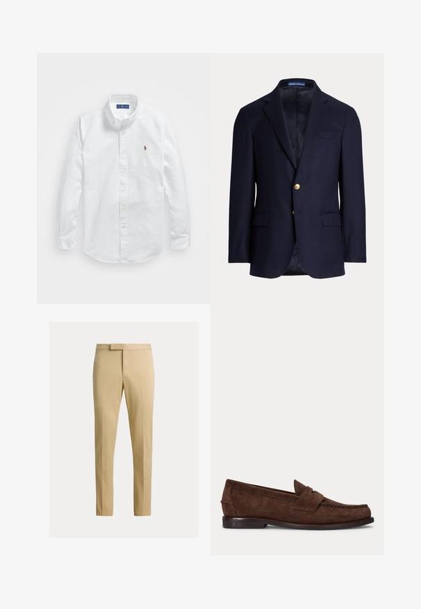 Marineblå herreblazer med to guldknapper, notch revers, lommer med klapper og brystlomme med åbning, foret indvendig, Polo Ralph Lauren mærke inde i kraven.; Hvid bomulds skjorte med knaplukning, klassisk krave, lange ærmer og et lille broderet logo på venstre bryst.; Beige tætsiddende bukser med frontbøjle, bæltestropper og skjult frontlukning på en ensfarvet lys baggrund.; Brun ruskind penny loafer med lav hæl og synlig syning langs tåen, siden og bagpå, vist på ensartet lys baggrund.