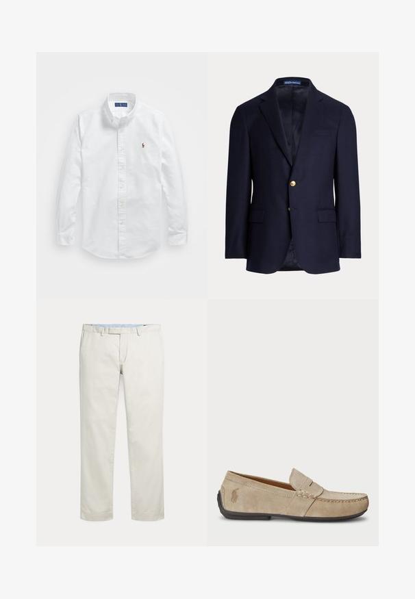 Marineblå herreblazer med to guldknapper, notch revers, lommer med klapper og brystlomme med åbning, foret indvendig, Polo Ralph Lauren mærke inde i kraven.; Hvid bomulds skjorte med knaplukning, klassisk krave, lange ærmer og et lille broderet logo på venstre bryst.; Kremfarvede bukser med lige ben, bæltestropper og skjult inderstik foran på en ensfarvet baggrund.; Beige ruskindsloafers med syninger, flad gummisål og et lille logo på siden. Klassisk slip-on design, blød tekstur.