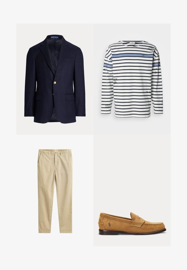 Marineblå herreblazer med to guldknapper, notch revers, lommer med klapper og brystlomme med åbning, foret indvendig, Polo Ralph Lauren mærke inde i kraven.; Langærmet trøje med vandrette marineblå og hvide striber, en blå accentstribe samt grafiske illustrationer på fronten og ærmerne.; Beige bomuld bukser med lige ben, bæltestropper, sidelommer, knaplukning og GANT mærke inde i linningen.; Lysebrun ruskind loafer med syede detaljer og lille broderet hestelogo på siden, med lav træhæl og slip-on design.