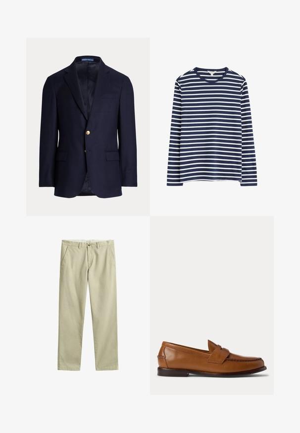 Blazer azul marino para hombre con dos botones dorados, solapas con muesca, bolsillos con solapa y bolsillo en el pecho con ribete, interior forrado, etiqueta Polo Ralph Lauren dentro del cuello.; Camiseta de manga larga azul marino con rayas horizontales blancas, escote redondo y aberturas laterales en el dobladillo. Textura de material de algodón suave.; Pantalones chinos beige de pierna recta con trabillas para cinturón, cierre delantero con botón y cremallera, y bolsillos laterales, colocados planos sobre un fondo blanco.; Zapato tipo mocasín penny loaf de cuero marrón con tacón bajo y detalles cosidos en la parte frontal y los laterales, mostrado de lado sobre un fondo blanco.