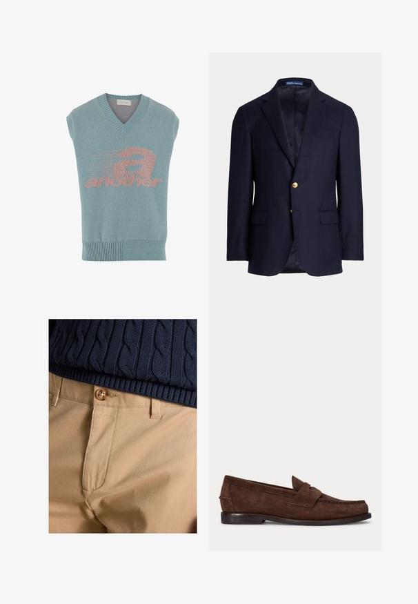 Marineblauer Herrenblazer mit zwei goldenen Knöpfen, Notch-Revers, Pattentaschen und einer Brustleistentasche, gefüttertes Innenfutter, Polo Ralph Lauren-Label innen am Kragen.; Helles blaues ärmelloses Stricktop mit V-Ausschnitt, das ein rosa grafisches Design mit dem Wort "another" und einem Geschwindigkeitsmotiv zeigt. Gerippter Saum.; Nahaufnahme von beigen Hosen mit Knopfverschluss kombiniert mit dem Saum eines marineblauen, kabelgestrickten Pullovers.; Brauner Wildleder-Pennyloafer mit niedrigem Absatz und sichtbarer Naht an Zehen-, Seiten- und Rückbereich, dargestellt auf hellem, einfarbigem Hintergrund.