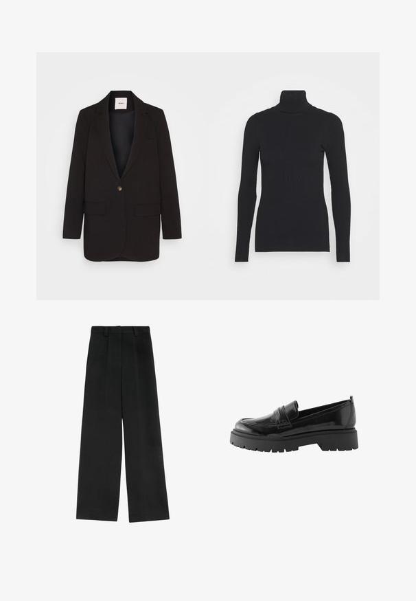 Sort blazer med en enkelt knaplukning, to frontlommer, klapkrave og en glat tekstur. Mærket er synligt indeni kraven.; Sort ribbet rullekravesweater med lange ærmer og en tætsiddende silhuet. Teksturen er glat med et vandret ribmønster.; Sorte brede bukser med høj talje, der har to frontfald, bæltestropper og en glat tekstur. Ingen lommer eller synligt metal.; Sorte lakerede loafers har en lav platformssål med en robust træd og en quiltet detalje over midtfoden.