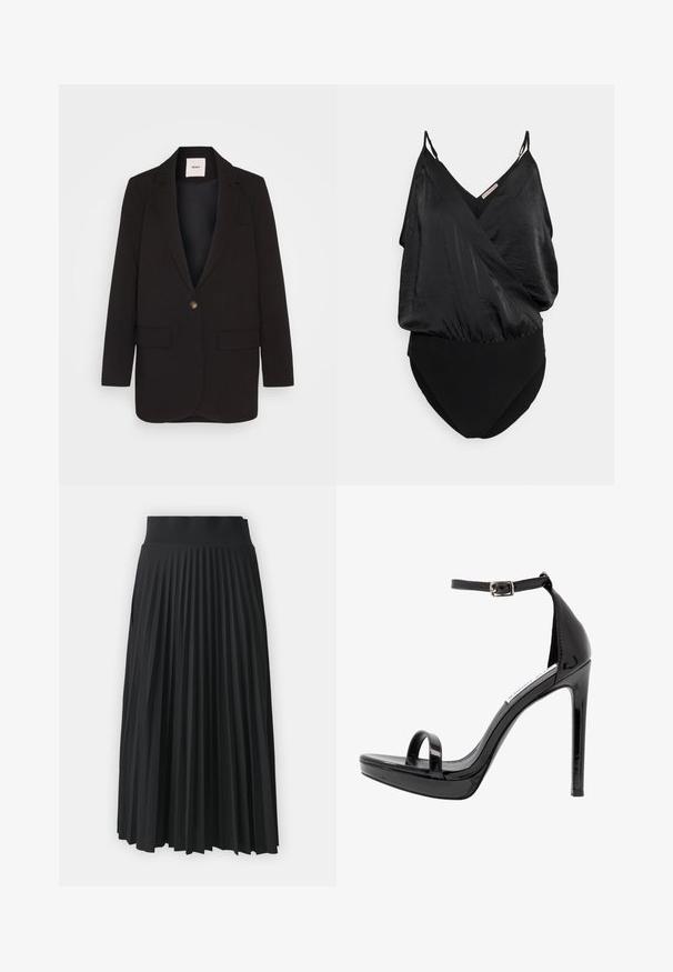 Sort blazer med en enkelt knaplukning, to frontlommer, klapkrave og en glat tekstur. Mærket er synligt indeni kraven.; Anna Field Petite by Zalando Top - black; Sort plisseret nederdel med en bredtalje, prydet med ensartede lodrette folder. Glat tekstur med et svævende design.; Steve Madden MILANO - Højhælede sandaletter / Højhælede sandaler - black