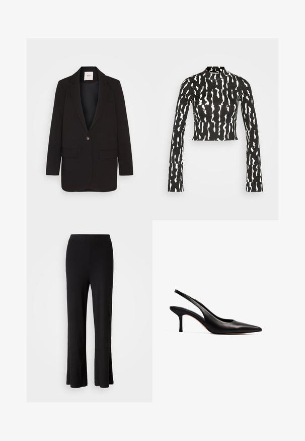 Zwarte blazer met een enkel knoopsluiting, twee voorkezen, notch revers en een gladde textuur. Label zichtbaar binnenin de kraag.; Monki Longsleeve - black; Zwarte geribde broek met wijd uitlopende pijpen en een soepele, elastische tailleband. De stof is zacht en rekbaar, wat zorgt voor comfort.; NA-KD Klassieke pumps - black