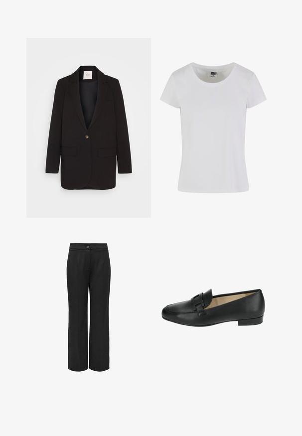 Sort blazer med en enkelt knaplukning, to frontlommer, klapkrave og en glat tekstur. Mærket er synligt indeni kraven.; Hvid, kortærmet t-shirt lavet af bomuld. Har en rund halsudskæring og en tætsiddende form. Lappen læser "URBAN CLASSICS."; Sorte bukser med vide ben lavet af et glat stof, der har en knaplukning og pressefold for et skræddersyet udseende.; Sort læder loafersko med en rund tå, der har en dekorativ spænde foran og en lav, rund hæl. Glat tekstur over det hele.