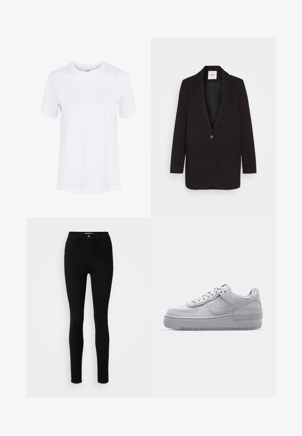 Blazer negro con cierre de un solo botón, dos bolsillos frontales, solapas muescas y una textura suave. Etiqueta visible dentro del cuello.; Camiseta de algodón blanca lisa de manga corta con cuello redondo y dobladillos de las mangas doblados, mostrada sobre un fondo blanco liso.; Jeans skinny negros de talle alto hechos de denim. Cuenta con cinco bolsillos y un cierre frontal con botón de metal. Textura suave con un diseño ajustado.; Zapatilla Nike Air Force 1 gris con puntera perforada, parte superior de cuero suave, suela gruesa y detalle en relieve 'AIR' en el talón.