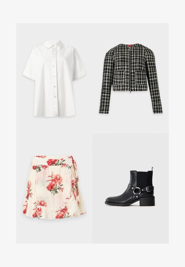 Veste courte à carreaux noir et blanc avec manches longues et fermeture éclair frontale avec une tirette circulaire.; Chemise blanche à manches courtes avec boutons et col pointu, présentée sur un fond gris clair.; Jupe portefeuille crème avec imprimé floral rouge et bords à volants, ornée de feuilles vertes et d'une fermeture à nouer sur le côté.; Bottine en cuir noir avec boucles latérales et détail en anneau, panneau latéral élastique, petit talon carré et languette de tirage sur fond uni.