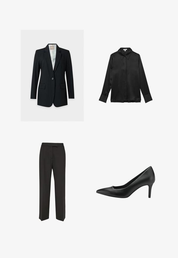 Zwarte enkeknoopssblazer met inkepingrevers, klepzakken en een lichte voering tegen een effen achtergrond.; Zwarte satijnen blouse met lange mouwen, een puntige kraag, knoopsluiting aan de voorkant en brede manchetten. Gladde textuur en een slank ontwerp.; Zwarte op maat gemaakte rechte broek met een hoge taille en een verborgen sluiting aan de voorkant, tegen een witte achtergrond.; Zwarte leren hoge hak met een spitse neus, voorzien van een uitsnijdingen ontwerp en een slanke stiletto hak. Glad textuur en een elegante silhouet.