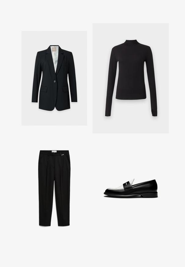 Schwarzer einreihiger Blazer mit Kerbärmeln, Pattentaschen und hellfarbiger Innenfütterung vor einfachem Hintergrund.; Schwarzes langärmliges, eng anliegendes Oberteil mit Stehkragen, dargestellt auf schlichtem hellgrauem Hintergrund.; Schwarze Hose aus glattem Stoff, mit geradem Beinanschnitt, seitlichen Taschen und einem dezente Markenakzent am Bund.; Schwarz-weiße Lederloafers mit runder Zehenform, Kontrastpanel im Obermaterial, dekorativer Naht und flacher Laufsohle.