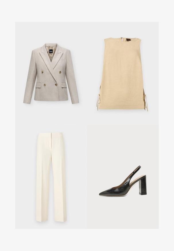 Blazer en laine beige croisé avec larges revers, quatre boutons, deux poches à rabat et une étiquette noire de la marque BOSS à l'intérieur du col.; Robe beige sans manches avec fentes latérales nouées par des nœuds, col montant et fermeture éclair au dos avec étiquette de la marque Boss visible.; Pantalon droit sur mesure couleur blanc cassé avec pli avant, ceinture et fermeture avant dissimulée sur un fond uni.; Chaussure slingback en cuir noir à bout pointu avec un talon bloc haut et une doublure intérieure beige sur un fond clair uni.