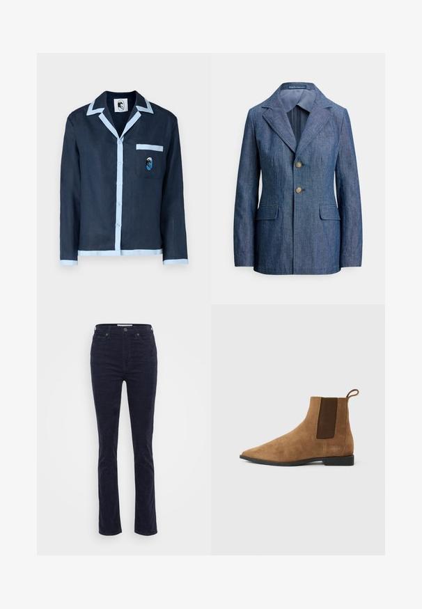 Tummansininen farkkutakki, jossa on notkollinen kaulus, yksirivinen napitus ja kaksi etutaskua, sekä sileä vuori.; Navy-linned shirts med lyseblå krave og lommebånd. Har en brystlomme med et broderet design. Knaplukning ned foran.; Gap Tall VINTAGE SLIM - Housut - navy; Ruskea mokkasaapas, jossa on terävä kärki, joustava sivupaneeli ja pieni korko. Varustettu takana olevalla vedettävällä lenkillä ja hillityllä brändäyksellä.