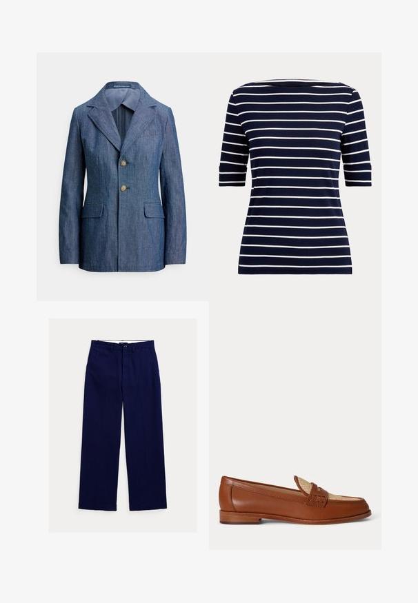 Blazer de mezclilla azul oscuro con solapa con muesca, cierre de un solo botón y dos bolsillos delanteros, con un forro interior suave.; Camisa azul marino con rayas horizontales blancas y mangas hasta el codo, mostrada sobre un fondo claro y sencillo.; Pantalones azul marino de corte recto con trabillas para cinturón, cierre frontal con botones y bolsillos laterales sobre fondo blanco.; Mocasín de cuero marrón con panel beige tejido en la parte superior, tacón bajo de madera y diseño tradicional de correa de moneda sobre fondo blanco.