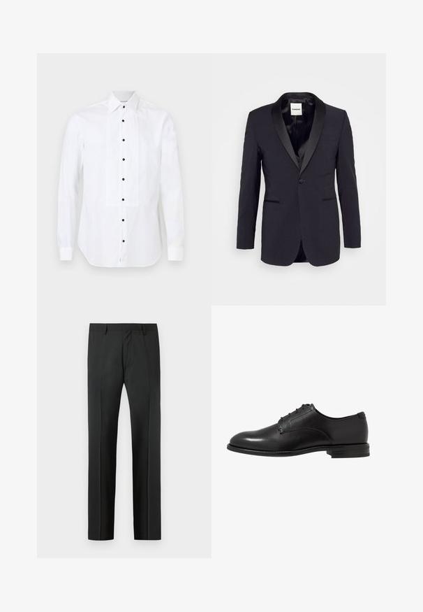 sandro TUXEDO SHAWL - Veste de costume - marine; Chemise blanche à manches longues avec panneau avant plissé et boutons noirs, dotée d'un col pointu et de poignets boutonnés.; Pantalon habillé noir sur mesure avec passants de ceinture et un pli devant, présenté sur un fond gris clair.; Chaussure de ville en cuir noir avec une finition lisse, bout arrondi, six œillets et un talon bas empilé. Design simple et classique.
