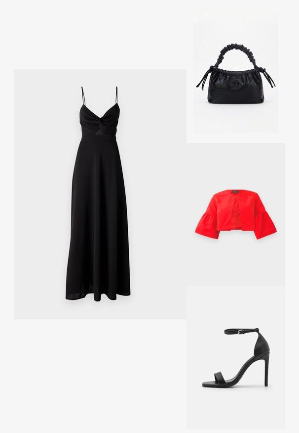 Rote, kurze Jacke mit rundem Kragen und Glockenärmeln. Hergestellt aus glattem Stoff mit einer Frontverschluss, der eine einfarbige Gestaltung und klare Linien präsentiert.; Schwarzes Maxikleid mit tailliertem Oberteil, Dreh-Detail an der Brust, dünnen Spaghetti-Trägern und einem fließenden Rock. Hergestellt aus weichem, leichtem Stoff.; Schwarze hochhackige Sandale mit elegantem Design, featuring einem Knöchelriemen, offener Zehenpartie und glattem Lederfinish.; Schwarze Handtasche mit Krokodilstruktur, gerafftem oberen Rand, zusammengezogenem Griff und Zugkordeln mit Quasten an jeder Seite vor weißem Hintergrund.