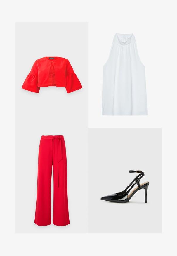 Veste rouge courte avec un col arrondi et des manches évasées. Fabriquée en tissu lisse avec une fermeture à l'avant, mettant en avant une couleur unie et des lignes épurées.; Haut sans manches blanc avec un col montant, en tissu doux, présentant des détails froncés au niveau du col et une fermeture éclair dissimulée à l'arrière.; Pantalon rouge à jambes larges avec une taille haute et une ceinture en tissu assorti nouée à l'avant.; Escarpin en cuir verni noir à talon haut, avec un bout pointu, une bride réglable à la cheville et des côtés ouverts. Texture lisse.
