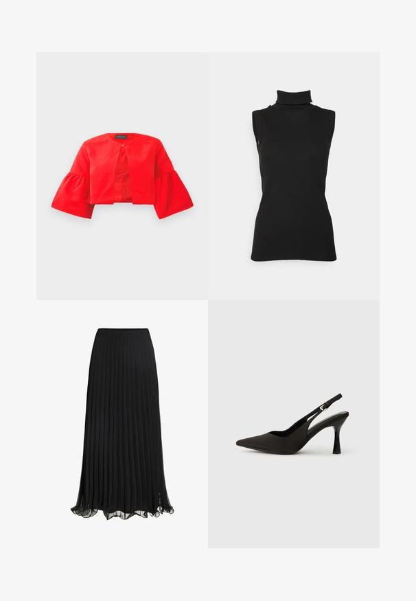Rode cropped jas met een ronde halslijn en bell mouwen. Gemaakt van een gladde stof met een sluiting aan de voorkant, met een effen kleur en strakke lijnen.; Zwarte mouwloze turtleneck top van ribstof, met een hoge hals en een getailleerde pasvorm. Gladde textuur met minimale details.; Zwarte geplisseerde maxi rok van lichtgewicht stof met een vloeiende ontwerp. Voorzien van een gerimpelde zoom en een elastische tailleband voor comfort.; Zwarte slingback hakken met een spitse neus, een gladde matte afwerking en een slanke, glanzende hak. Verstelbare band met een klein gespdetail.