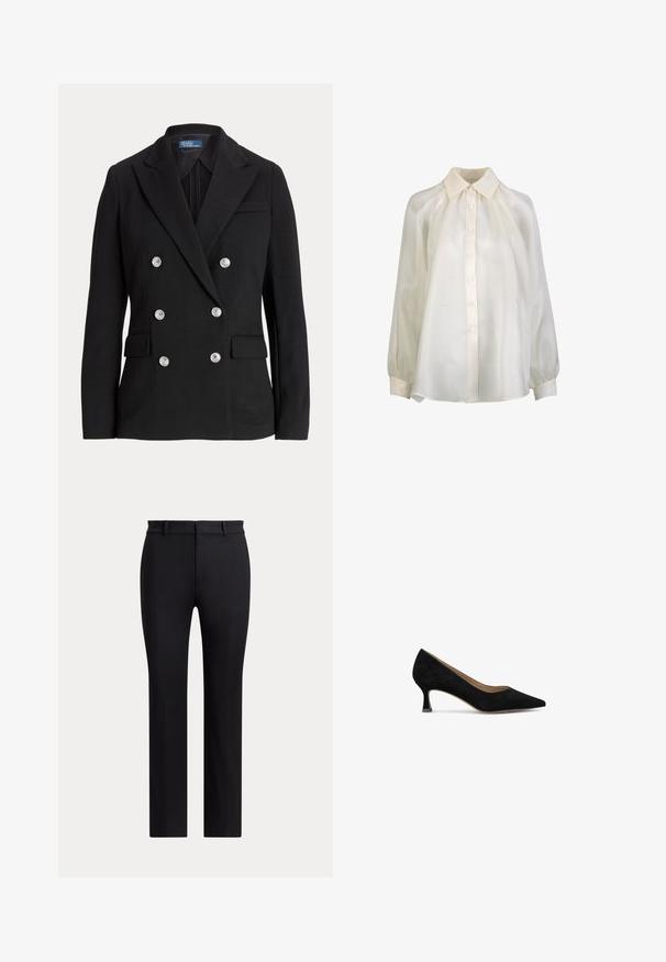 Blazer negro de doble botonadura hecho de tela suave, con botones plateados, solapa con muesca, dos bolsillos frontales y un diseño de corte ajustado.; Blusa de manga larga color crema con cierre de botones en la parte delantera, cuello puntiagudo, hombros fruncidos y mangas con puños.; Pantalones negros de corte recto a medida con pasadores para cinturón y cierre frontal, mostrados sobre un fondo claro y liso.; Zapato de tacón de ante negro con puntera afilada, tacón cuadrado bajo y forro interior suave. Diseño simple sin patrones ni acentos visibles.