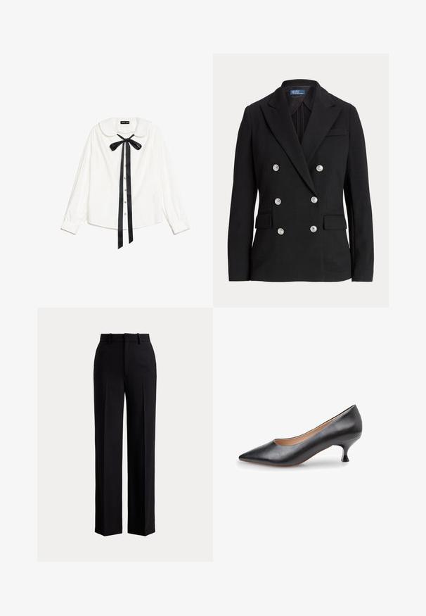 Blazer negro de doble botonadura hecho de tela suave, con botones plateados, solapa con muesca, dos bolsillos frontales y un diseño de corte ajustado.; Blusa blanca de manga larga con cuello Peter Pan, lazo de satén negro en el cuello y botones de perla en la parte delantera.; Pantalones negros de talle alto con piernas anchas, trabillas para cinturón, pliegues frontales y cierre oculto sobre un fondo liso y claro.; Zapato de tacón de cuero negro con punta puntiaguda y tacón bajo y acampanado. Textura lisa con pocos detalles de costura, con una plantilla beige.