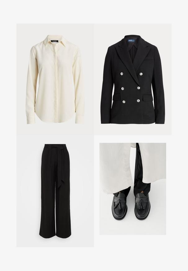 Zwarte dubbelgeknoopte blazer van gladde stof, met zilveren knopen, een notch-revers, twee voorzakken en een slanke pasvorm.; Lichtcrème langemouwshirt met een puntige kraag, knoopsluiting aan de voorkant en een gladde textuur; heeft een ronde zoom en een slim fit.; Zwarte broek met wijde pijpen van een gladde stof, met een hoge taille, een ceintuur om te strikken en plooien voor een elegante, op maat gemaakte uitstraling.; Zwarte leren loafers met kwastaccenten, voorzien van een afgeronde neus, gestikte details en een gladde afwerking, gedragen met zwarte broek.