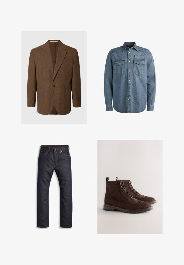 Brauner Ein-Knopf-Blazer mit Kerbkragen und zwei aufgesetzten Fronttaschen, abgebildet vor einem einfarbigen hellgrauen Hintergrund.; Hellblaues Denimhemd mit langen Ärmeln, Knöpfen vorne, zwei Brusttaschen und einem geprägten Patch. Hat ein klassisches Design im Westernstil.; Dunkelblaue Jeans aus Denim mit geradem Schnitt, Fünf-Taschen-Design, metallischen Komponenten und kontrastierenden orangen Nähten. Glatte Textur, keine sichtbaren Muster.; Braune Wildleder-Stiefeletten mit Brogue-Details, rundem Zehenbereich, Metallösen und einer strukturierten Gummisohle, ausgestattet mit kleinem Absatz und Ziehschlaufe.