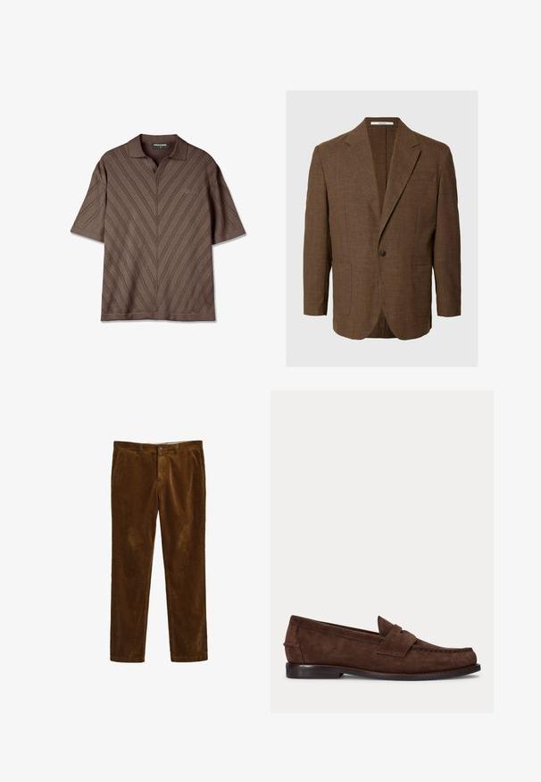 Brun enkelt-knapp blazer med notch revers og to forlommer med lapper, vist på en ensfarvet lysegrå baggrund.; Brun kortærmet polo-shirt med v-hals, der har et struktureret zigzag mønster og en diskret logo detalje på brystet.; Brune corduroy bukser med et lige ben-design, der har en frontlukning med knap og to sidelommer. Tekstiler med ribbet mønster.; Brun ruskind penny loafer med lav hæl og synlig syning langs tåen, siden og bagpå, vist på ensartet lys baggrund.