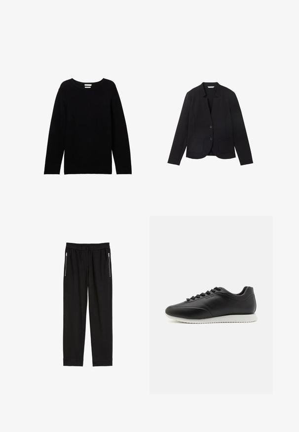 Sort blazer med spids krave, to frontlommer og to knapper. Lavet af tekstureret stof, tætsiddende design med lange ærmer.; Sort langærmet sweater lavet af ribbet stof med rund halsudskæring og sænkede skuldre, der har en afslappet pasform og ingen synlige detaljer.; Sort lige ben bukser med elastisk talje, knappelukning og lynlåslommer på siden, præsenteret på en hvid baggrund.; Sort lær sneaker med en glat finish, hvid gummisål, rund tå og snøring med seks øjerne. Branding synlig på siden.