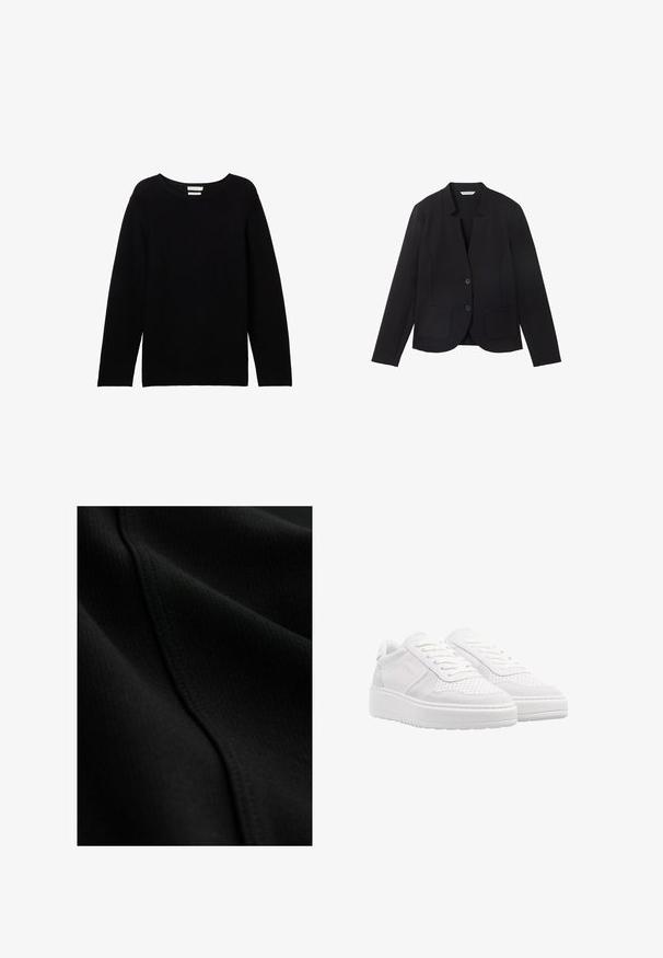 Blazer negro con solapas, dos bolsillos frontales y dos botones. Fabricado en tejido texturizado, diseño ajustado con mangas largas.; Suéter negro de manga larga hecho de tejido acanalado con un cuello redondo y hombros caídos, que presenta un corte holgado y sin detalles visibles.; Tela negra con textura acanalada, que presenta detalles sutiles de costura y pliegues suaves y fluidos. Material fino y ligero.; Zapatillas blancas con parte superior de ante y cuero perforado, cordones planos, cuello acolchado y una suela de goma gruesa y texturizada.