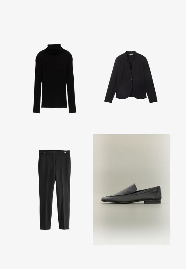 Zwarte blazer met een notch-kraag, twee voorkeurszakken en twee knopen. Gemaakt van textuurstof, slim-fit ontwerp met lange mouwen.; Zwarte geribbelde coltrui met lange mouwen en een strakke pasvorm. De stof ziet er glad uit met een zachte textuur en een simpele silhoeët.; Zwarte op maat gemaakte broek met een gladde textuur, voorzien van twee voorzakken en een tailleband met twee ronde zwarte knopen.; Zwarte leren loafers met een gladde afwerking, puntige neus en een minimalistisch ontwerp. Lage gestapelde hak en subtiele stiksels.