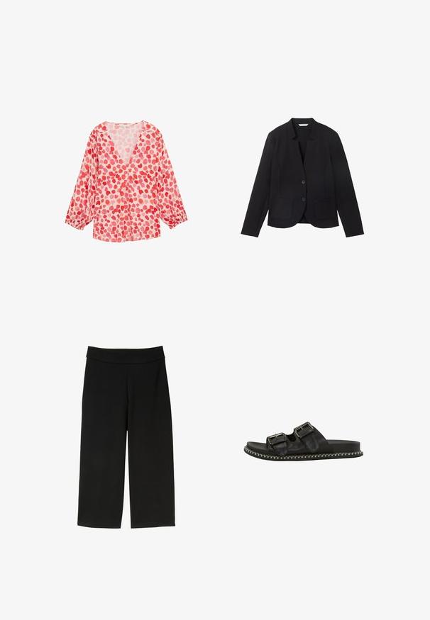Zwarte blazer met een notch-kraag, twee voorkeurszakken en twee knopen. Gemaakt van textuurstof, slim-fit ontwerp met lange mouwen.; Lichtgewicht blouse met lange mouwen en een V-hals, gemaakt van roze stof en voorzien van een patroon van rode en lichte roze hartvormen overal.; Zwarte wijde broek gemaakt van een gladde, rekbare stof. Kenmerkt zich door een brede tailleband en geen zichtbare sluitingen. Eenvoudig ontwerp.; Zwarte leren slippersandalen met dubbele gespen, vlakke zool en witte stiknaad rond de rand, met een gladde textuur en open ontwerp.