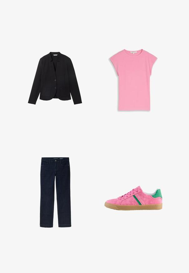 Sort blazer med spids krave, to frontlommer og to knapper. Lavet af tekstureret stof, tætsiddende design med lange ærmer.; Pink kortærmet ribstrikket top med rund halsudskæring, små optrukne ærmer og en lille størrelsesmærkat indeni kraven.; Mørkeblå denimjeans med lige ben-design, der har forlommer og kontrasterende gule syninger langs sømmene.; Lyserød ruskinds sneaker med grøn hælaccent og striber. Har rund tå, snørebånd foran og gummigummi sål. Perforerede detaljer på siderne.