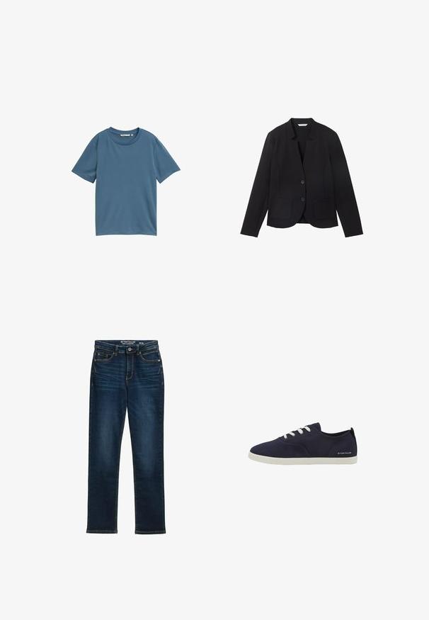 Zwarte blazer met een notch-kraag, twee voorkeurszakken en twee knopen. Gemaakt van textuurstof, slim-fit ontwerp met lange mouwen.; Korte mouwen t-shirt in een effen blauwe kleur, ronde halslijn, zachte stof, ontspannen pasvorm, zonder patronen of hardware details.; Donkerblauwe rechte jeans van denim, met vijf zakken, een metalen knoopsluiting en contrasterende stiknaden. Geen zichtbare slijtage.; Marineblauwe canvas sneakers met witte veters, rubberen zool en een klein logo aan de zijkant. Rond neus en casual ontwerp.