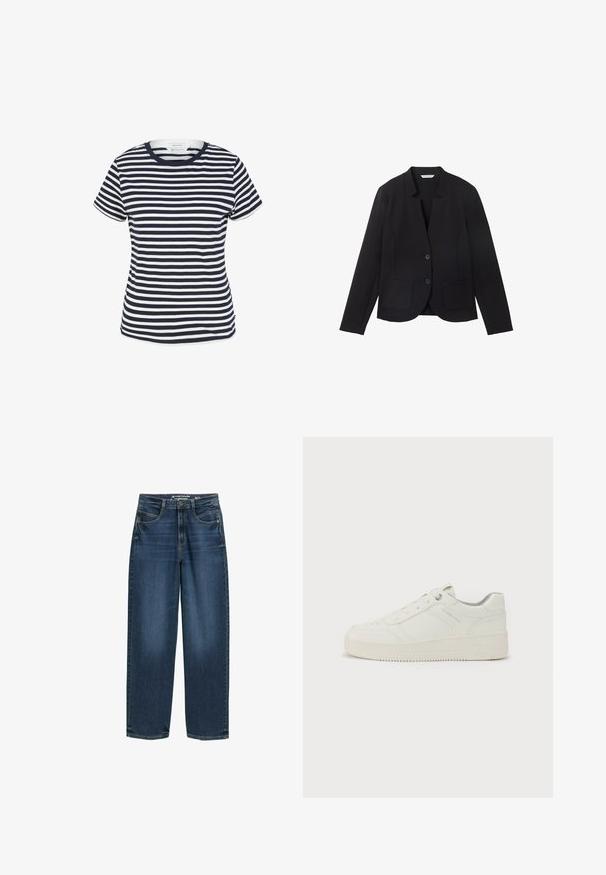 Schwarzes Blazer mit Reverskragen, zwei Fronttaschen und zwei Knöpfen. Aus strukturiertem Stoff, figurbetonter Schnitt mit langen Ärmeln.; Navy- und weiß gestreiftes T-Shirt aus Bio-Baumwolle, mit Rundhalsausschnitt und kurzen Ärmeln, mit geradem Saum am unteren Ende.; Dunkelblaue weite Jeans mit hoher Taille, Fronttaschen und klassischer Denim-Textur. Abgeschlossen mit dezenten Steppnähten und geraden Beinsäumen.; Weißer Sneaker mit glattem Ledermantel, runder Zehenpartie, sechs Ösen, gepolstertem Kragen und strukturiertem Gummisohle. Dezentes Markenlogo an der Seite.