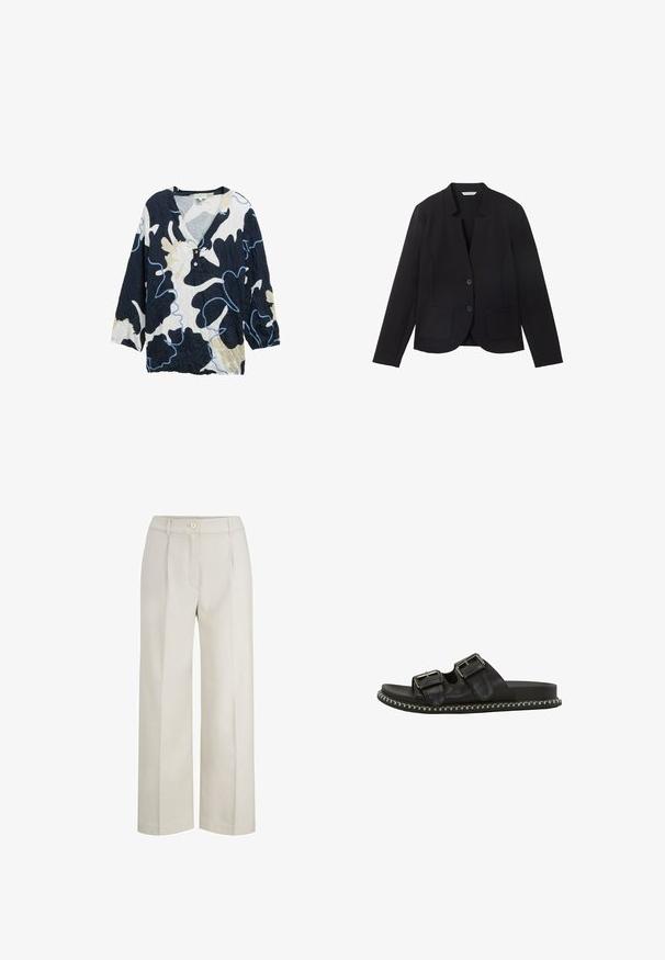 Blazer noir avec col cranté, deux poches avant et deux boutons. Fabriqué en tissu texturé, design ajusté avec manches longues.; Chemise à motifs bleu marine, crème et bleu clair avec un décolleté en V, manches trois quarts et deux boutons à l'avant. Texture froissée.; Pantalon large beige clair en tissu texturé. Doté d'un bouton à l'avant, de plis et d'une taille haute.; Sandale à glissière en cuir noir avec doubles boucles, semelle plate et coutures blanches sur le bord, présentant une texture lisse et un design ouvert.