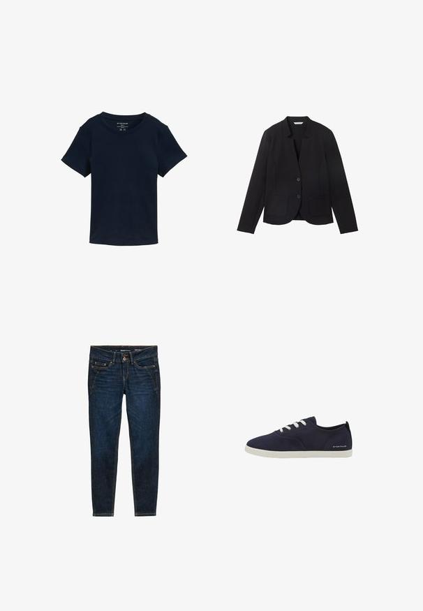 Zwarte blazer met een notch-kraag, twee voorkeurszakken en twee knopen. Gemaakt van textuurstof, slim-fit ontwerp met lange mouwen.; Marineblauwe T-shirt met korte mouwen van katoen, met een ronde halslijn en een eenvoudig, onopgesmukt ontwerp met een normale pasvorm.; Donkerblauwe denim jeans met een slim fit, voorzien van oranje stiksels, vijf zakken en een knoopsluiting bij de taille.; Marineblauwe canvas sneakers met witte veters, rubberen zool en een klein logo aan de zijkant. Rond neus en casual ontwerp.
