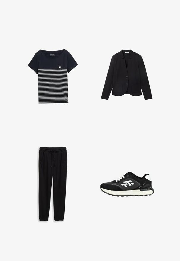Schwarzes Blazer mit Reverskragen, zwei Fronttaschen und zwei Knöpfen. Aus strukturiertem Stoff, figurbetonter Schnitt mit langen Ärmeln.; Dunkelblaues T-Shirt mit weißen horizontalen Streifen, rundem Ausschnitt, kurzen Ärmeln und einem kleinen Herz-Logo mit dem Text "TOM TAILOR" auf der Vorderseite.; Schwarze Sweatpants aus weichem Material, mit elastischem Bund und verstellbarem Kordelzug, Seitentaschen und gerippten Bündchen.; Schwarz-weißer Sportschuh mit weißen Schnürsenkeln, strukturierter Sohle und markantem weißen Logo an der Seite, Marke Tom Tailor.