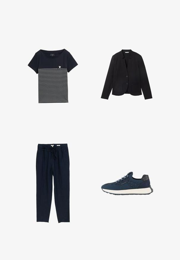 Schwarzes Blazer mit Reverskragen, zwei Fronttaschen und zwei Knöpfen. Aus strukturiertem Stoff, figurbetonter Schnitt mit langen Ärmeln.; Dunkelblaues T-Shirt mit weißen horizontalen Streifen, rundem Ausschnitt, kurzen Ärmeln und einem kleinen Herz-Logo mit dem Text "TOM TAILOR" auf der Vorderseite.; Marineblaue Leinenhose mit elastischem Bund, Kordelzug und Seitentaschen, Größe 34, flach auf weißem Hintergrund ausgelegt.; Marineblauer gestrickter Sneaker mit grauen Schnürsenkeln, weißer Sohle, schwarzem Fersenabsatz und dekorativen kleinen Perlen an den Seiten- und Zehenbereichen.