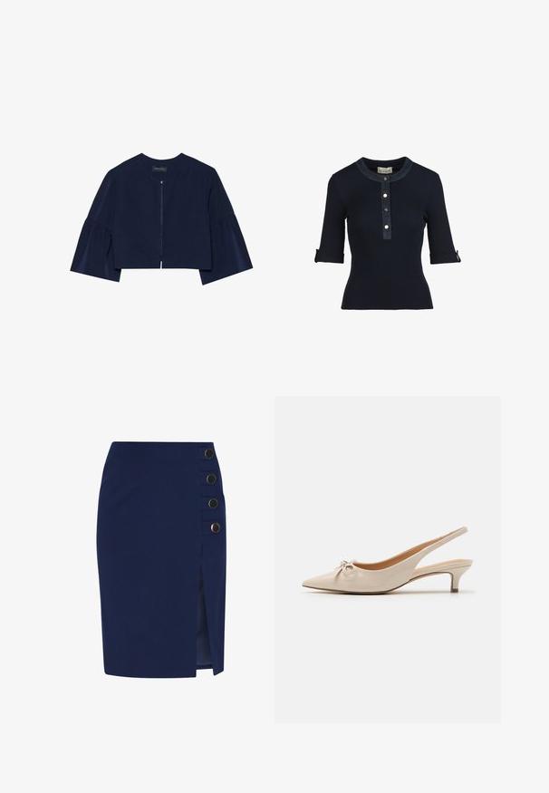 Marineblå cropped jakke med puffærmer, frontlukning og rund halsudskæring. Glat stof med en subtil glans. Tagget læser "ANNA FIELD."; Marineblå ribstrikket top med denimdetaljer, trekvart-lange ærmer, rund hals og knaplukning. Tekstureret stof med en tætsiddende silhuet.; Mørkeblå knælange blyantskørt med sideslids og fire store sorte knapper langs højre side.; Beige patenterede læder slingback hæle med spidse tæer og en dekorativ sløjfe på vampen. Inkluderer en lav, slank hæl og en glat tekstur.