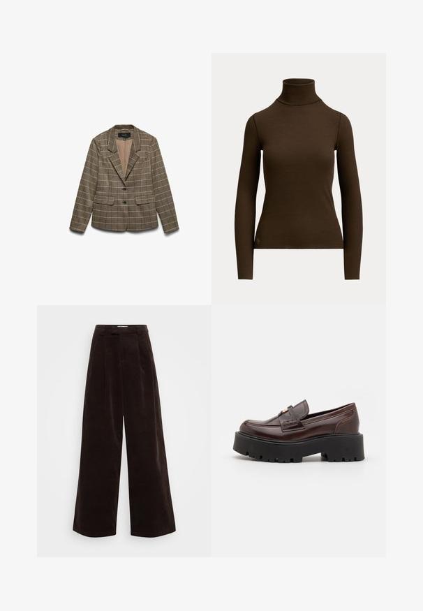 Brunternet blazer med notched krave, to frontlommer, to sorte knapper og en beige foring. Har en struktureret pasform.; Mørkebrunt langærmet ribstrikket polotrøje med tætsiddende silhuet og lille logo nær den nederste kant foran på venstre side.; ONLY Tall ONLSVEA NESSA CORD WIDE - Bukser - seal brown; Madden Girl CALISTA - Loafers - brown