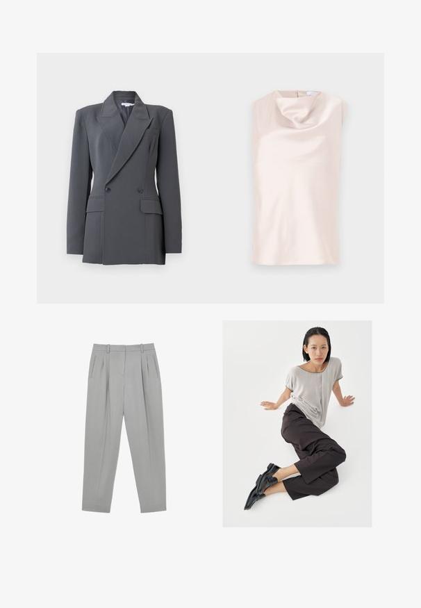 Dunkelgrauer, doppelt geknöpfter Blazer mit gepolsterten Schultern, Revers mit Kerbe, zwei vorderen Pattentaschen und jeweils zwei sichtbaren Knöpfen auf jeder Seite.; Ärmelloses Top in seidenartigem, weichem Beige mit drapiertem Wasserfallausschnitt. Verfügt über einen diskreten Rückenreißverschluss und eine glatte, glänzende Textur.; Hellgraue formelle Hose mit vorderen Falten, Seitentaschen, Gürtelschlaufen und einem verjüngten Bein Design.; Hellgraues Kurzarmshirt, dunkle weite Hosen und schwarze Loafers. Glatter Stoff, entspannte Passform und kontrastierende Einfassung am Hemd.