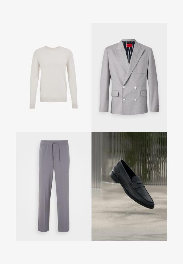 Grijze dubbelvoudige blazer van textuurstof. Heeft pieklapels, twee voorzakken en witte knopen. Voering met gestreept patroon.; Crème gebreide trui, ronde hals, lange mouwen, geribde manchetten en zoom. Zachte textuur, eenvoudig ontwerp en lichtgewicht materiaal.; Grijze, rekbare broeken met een vlakke voorkant, elastische tailleband en trekkoord, met rechte pijpen en een zachte textuur.; Zwarte leren loafer met een gladde afwerking, puntige neus en gestikte details over de wreef. Lage hak en minimalistisch ontwerp.