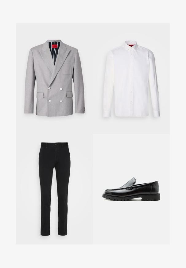 Blazer gris de doble botonadura hecho de tela texturizada. Presenta solapas en picos, dos bolsillos frontales y botones blancos. Forrado con un patrón a rayas.; Camisa blanca de manga larga hecha de algodón, con un collar clásico, placket frontal con botones y una textura suave. Detalle interior del collar en rojo.; Chinos de algodón negros con un corte ajustado, que cuentan con una cintura estándar, bolsillos frontales y un solo bolsillo trasero. Textura suave y detalles mínimos.; Mocasín de cuero negro con suela de goma gruesa, empeine cosido y nombre de la marca en relieve en el talón, mostrado en perfil lateral sobre fondo blanco.