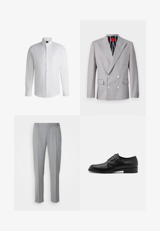 Grauer doppelt-knöpfiger Blazer aus strukturiertem Stoff. Mit spitzen Revers, zwei vorderen Taschen und weißen Knöpfen. Gefüttert mit gestreiftem Muster.; Weißes Langarmhemd aus glattem Baumwollstoff, mit klassischem Kragen, durchgehender Knopfleiste und geknöpften Manschetten. Minimalistisches Design.; Grau zugeschnittene Hosen mit glatter Textur, flachem Frontbereich, geraden Beinen und dezenten Falten für zusätzliche Details.; Schwarze Leder- Schnürschuhe mit doppelten Schnallen, schlanker Silhouette und runder Zehenpartie. Sie verfügen über einen niedrigen Absatz und eine glatte Textur.