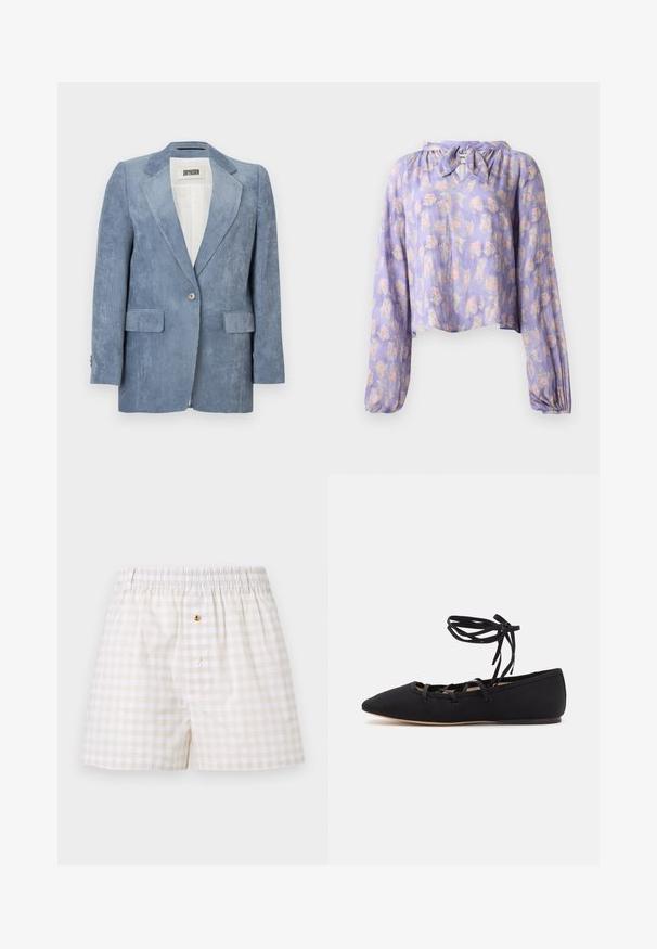 Blå fløjlsblazer med hakkede revers, enkeltknaplukning, to forlommer og lange ærmer. Blød tekstur med ribbet mønster.; Blomsterbluse i lys lilla stof med lange puffede ærmer og en bundet halsudskæring. Har et delikat print af pink og grønne blomster.; Herre beige og hvide gingham boxershorts med elastisk taljebånd og to knapper på den forreste lynlås.; Loeffler Randall LOUISA LACE UP BALLET FLAT - Ballerinasko m/ rem - black