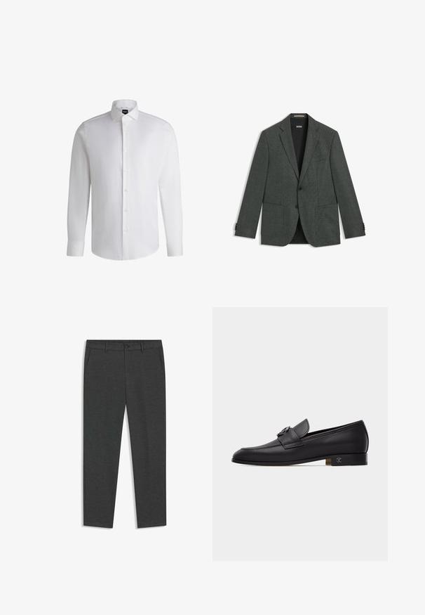 Blazer gris con tejido texturizado. Presenta un solapa muescada, dos bolsillos frontales y puños abotonados. Nombre de la marca "BOSS" visible en el cuello.; Camisa blanca de manga larga hecha de algodón suave, con un cuello clásico, botonera completa y puños abotonados. Diseño minimalista.; Pantalones de pierna recta en gris oscuro, hechos de una tela texturizada, con bolsillos delanteros y cintura con botón. Diseño entallado con líneas limpias.; Mocasín de cuero negro con detalle de cadena metálica en la parte frontal y un tacón bajo apilado con un pequeño emblema decorativo.