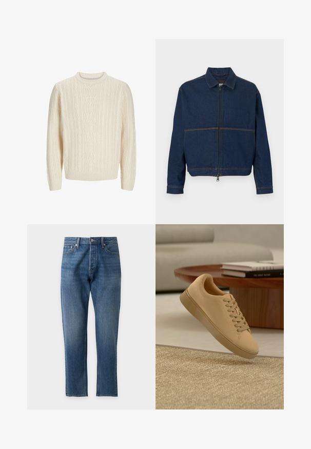 Veste en denim bleu foncé avec une fermeture éclair sur le devant, un col classique et deux coutures contrastées traversant la poitrine. Manches longues avec poignets à boutons.; Pull en tricot couleur crème présentant un motif de côtes texturé, un col rond, et des poignets et un ourlet à côtes. Tissu doux et épais.; Jean en denim bleu avec une taille haute, des jambes droites, un bouton devant et un design à cinq poches sur un fond clair uni.; Baskets beiges à lacets flottant au-dessus d'un tapis texturé avec une table basse en bois et des livres empilés en arrière-plan flou.