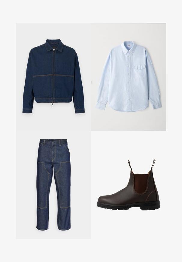 Veste en denim bleu foncé avec une fermeture éclair sur le devant, un col classique et deux coutures contrastées traversant la poitrine. Manches longues avec poignets à boutons.; Chemise boutonnée bleu clair en tissu doux, avec un col classique, des manches longues et une poche sur la poitrine avec rabat.; Jeans en denim bleu foncé avec une taille haute, une coupe droite, des coutures contrastantes et des poches appliquées à l'avant.; Botte Chelsea en cuir marron avec panneau latéral élastique, coutures marron, languettes de tirage, et une semelle en caoutchouc durable avec un motif texturé.