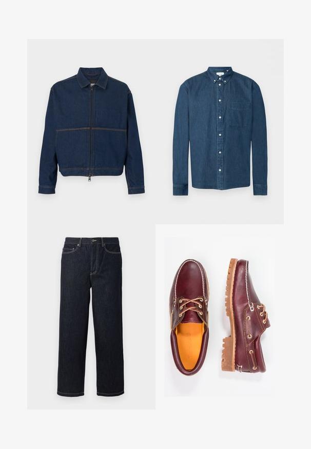 Veste en denim bleu foncé avec une fermeture éclair sur le devant, un col classique et deux coutures contrastées traversant la poitrine. Manches longues avec poignets à boutons.; Chemise en denim bleu foncé boutonnée, manches longues, une poche avant à gauche et un col boutonné, présentée sur fond blanc.; Jean en denim droit bleu marine avec cinq poches et surpiqûres blanches contrastantes, fermeture à bouton et passants de ceinture.; Chaussures en cuir bourgogne avec semelles en caoutchouc marron, bout rond, couture blanche et œillets dorés. L'intérieur présente une doublure jaune.